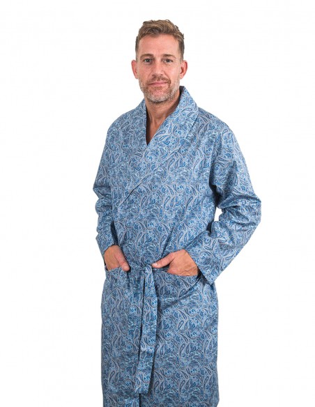 Robe de Chambre en Coton Fin Motif Paisley Bleu